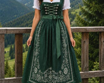 May include: A dark green dirndl dress featuring a white blouse with short puffed sleeves, a bodice with a lace-up front, and a full skirt with intricate white floral embroidery along the hem. A matching green satin ribbon is tied at the waist.