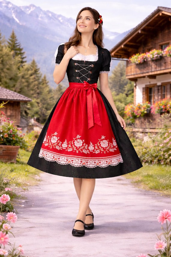 black oktoberfest dress & Red Traditional Mini Dirndl Dress, Black Outfit for Women valentines26 Little Black Dress, Knee Size:US 56 Regular / EU 66 Regular Combines traditional craftsmanship with