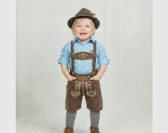 Authentic Kids Lederhosen Set – Handmade Bavarian Suede Shorts with Embroidery, Shirt & Suspenders
