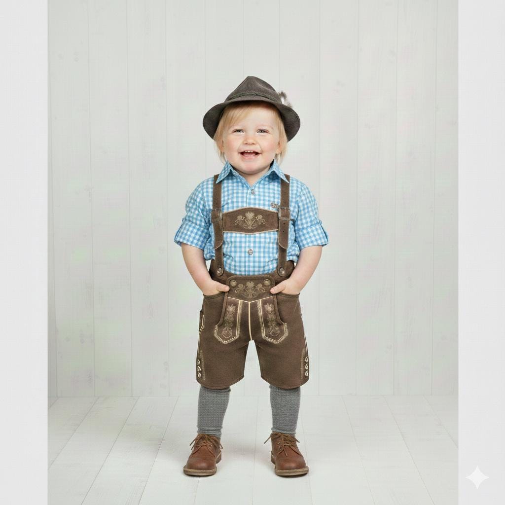 Kids Lederhosen Set - Handmade Bavarian Suede Shorts with Embroidery, Shirt & Suspenders