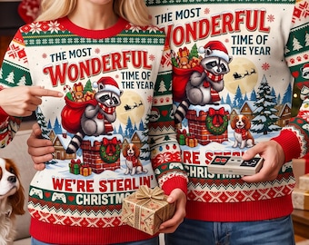 Divertido suéter navideño de mapache, sudadera navideña fea "We're Stealin' Christmas", lindo regalo navideño para hombres y mujeres.