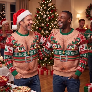 Rolig jultröja med hårig bröst, ful jultröja, fejkmage, julklapp för män