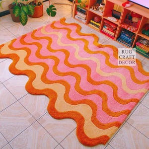 Wavy Pink and Orange Handmade Tufted Rug, Retro 70s Groovy Aesthetic Abstract Area Carpet for Living Room or Bedroom