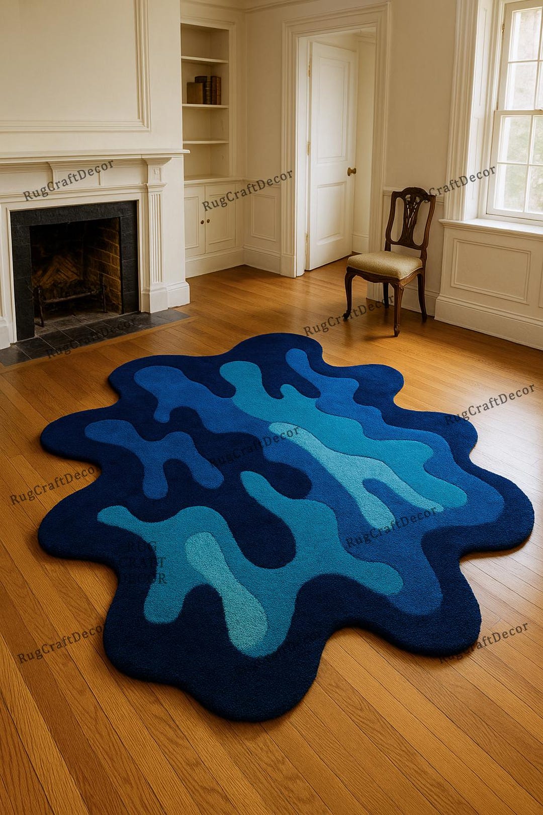 Modern Abstract Blue Drip Rug - Irregular Wavy Shape Hand Tufted Wool ...