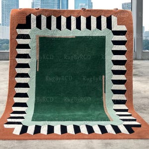 Postmodern Emerald Geometric Wool Rug, Art Deco Hand Tufted Area Rug for Living Room