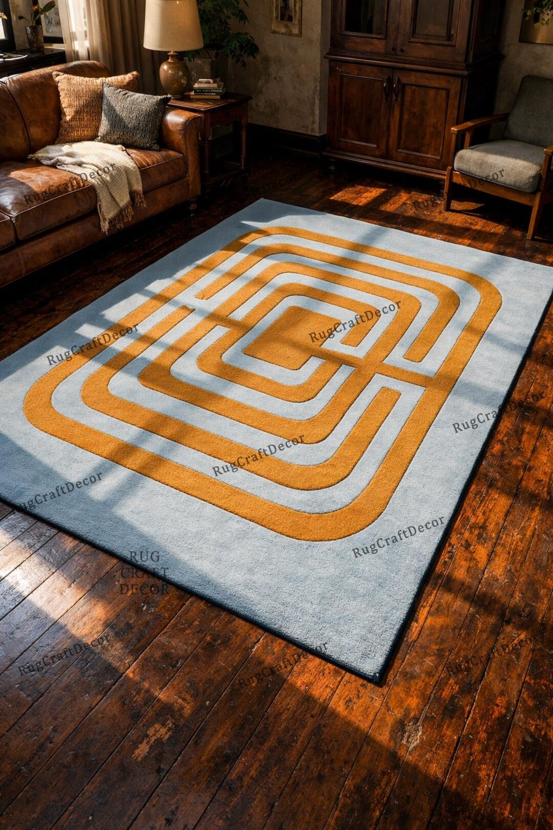 Retro Mid-century Modern Geometric Rug - Handmade Blue and Ochre Wool ...