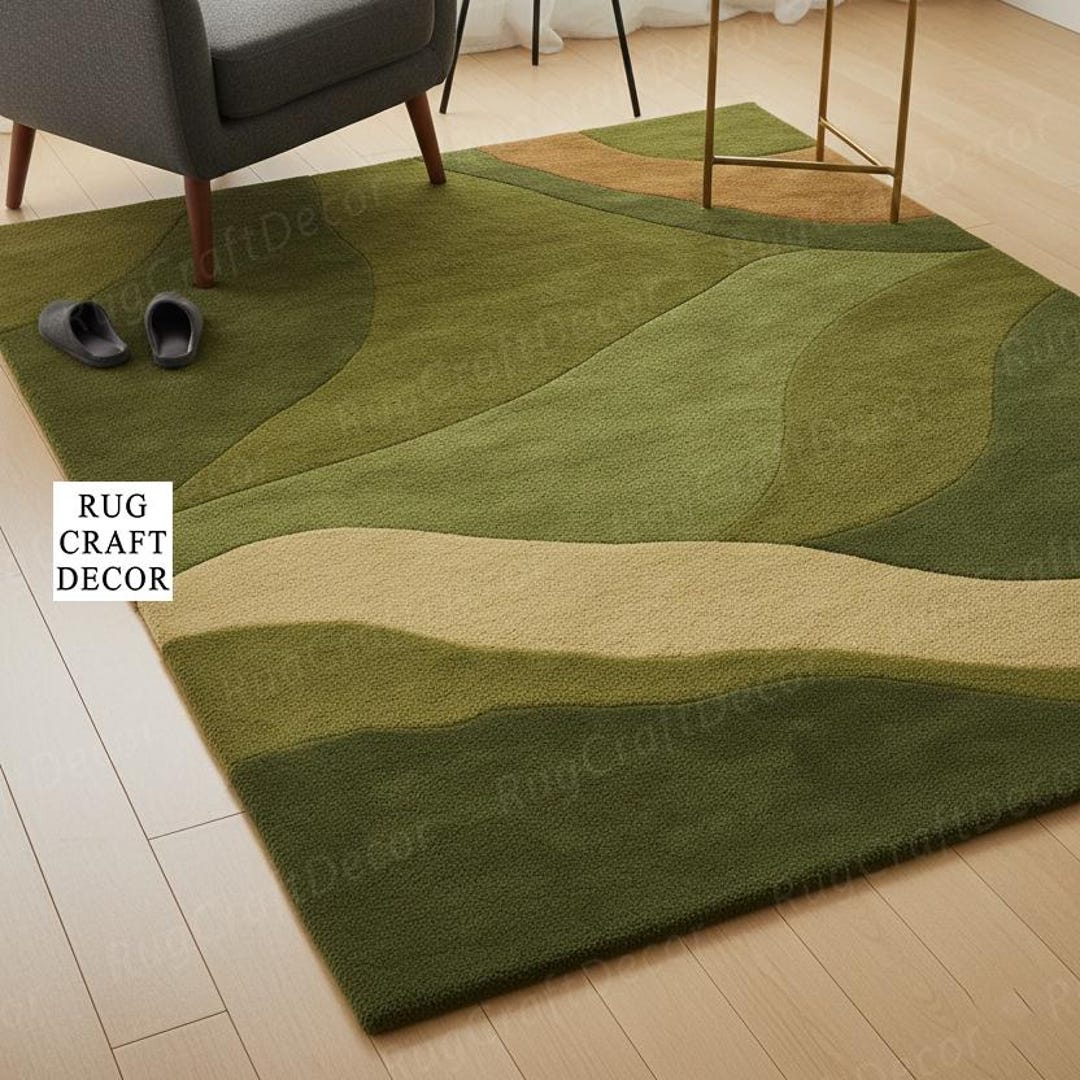 Green Earthy Pattern Rug Green Abstract Rug, Organic Shape Wool Area Rug, Modern Biophilic Moss ...