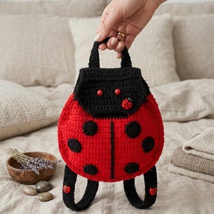 May include: A round, crocheted ladybug backpack featuring a vibrant red body with black circular spots, a black flap with two red beads, and a small ladybug embellishment. The bag includes a black top handle, black straps with red ladybug accents.