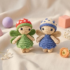 May include: Two crocheted fairy dolls. One fairy wears a green dress and a red mushroom cap with white spots. The other fairy wears a blue dress and a blue and cream-colored hat with blue spots. Both have tan wings and skin.
