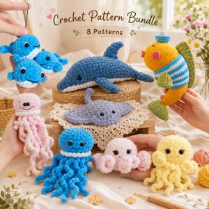 Ocean Crochet Pattern Bundle, Whale Octopus Jellyfish Dolphin Fish Stingray Amigurumi PDF, No Sew Beginner Crochet Tutorial