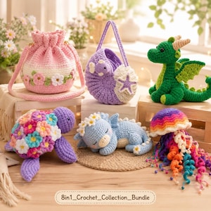 8-in-1 Crochet Pattern Bundle, Dragon Turtle Jellyfish Cow Bag Sea Shell Amigurumi PDF, Beginner Crochet Download