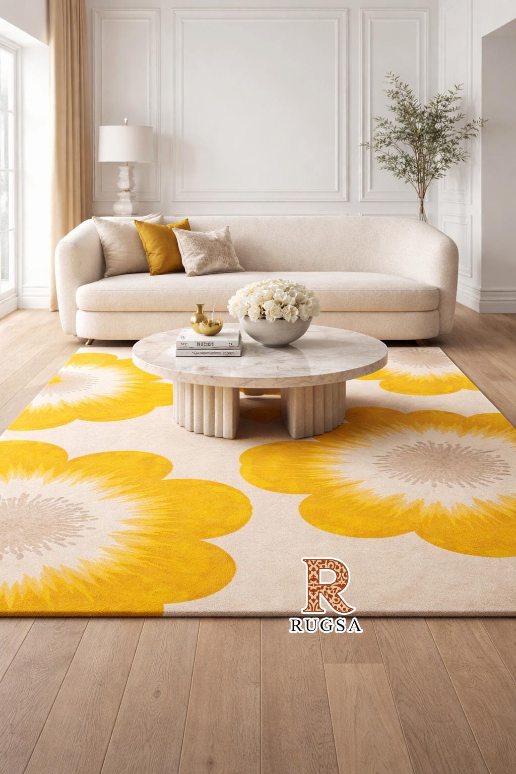 Hand Tufted Wool Rug with Yellow Floral Pattern Modern 3D Flower Area Rug for Living Room & Bedroom Custom Size Color Rugs Home Decor