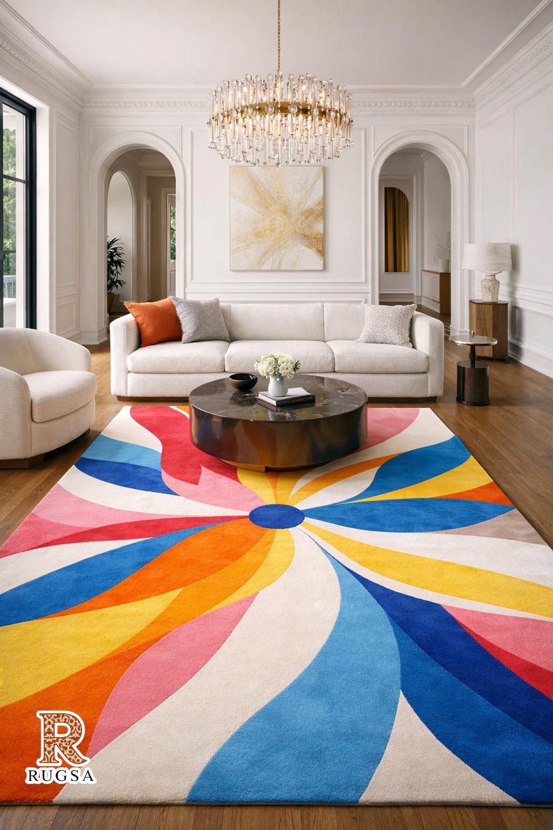 Hand Tufted Wool Rug - Vibrant Colorful Sunburst Area Rug - Large ...