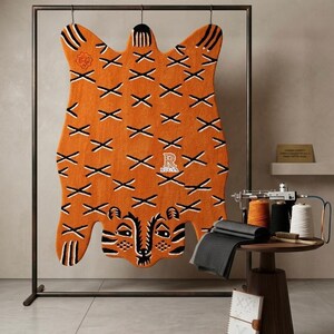 Hand Tufted Tiger Rug | Orange Funky Animal Floor Mat with X Pattern | Eclectic Maximalist Decor | Unique Custom Animal Accent Rug