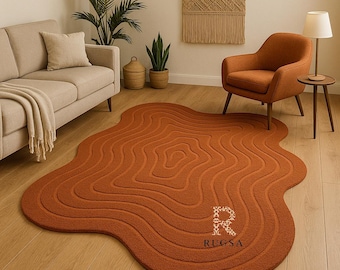 Rust Organic Shape Rug, Custom Hand Tufted Wool, Terracotta Irregular Area Rug