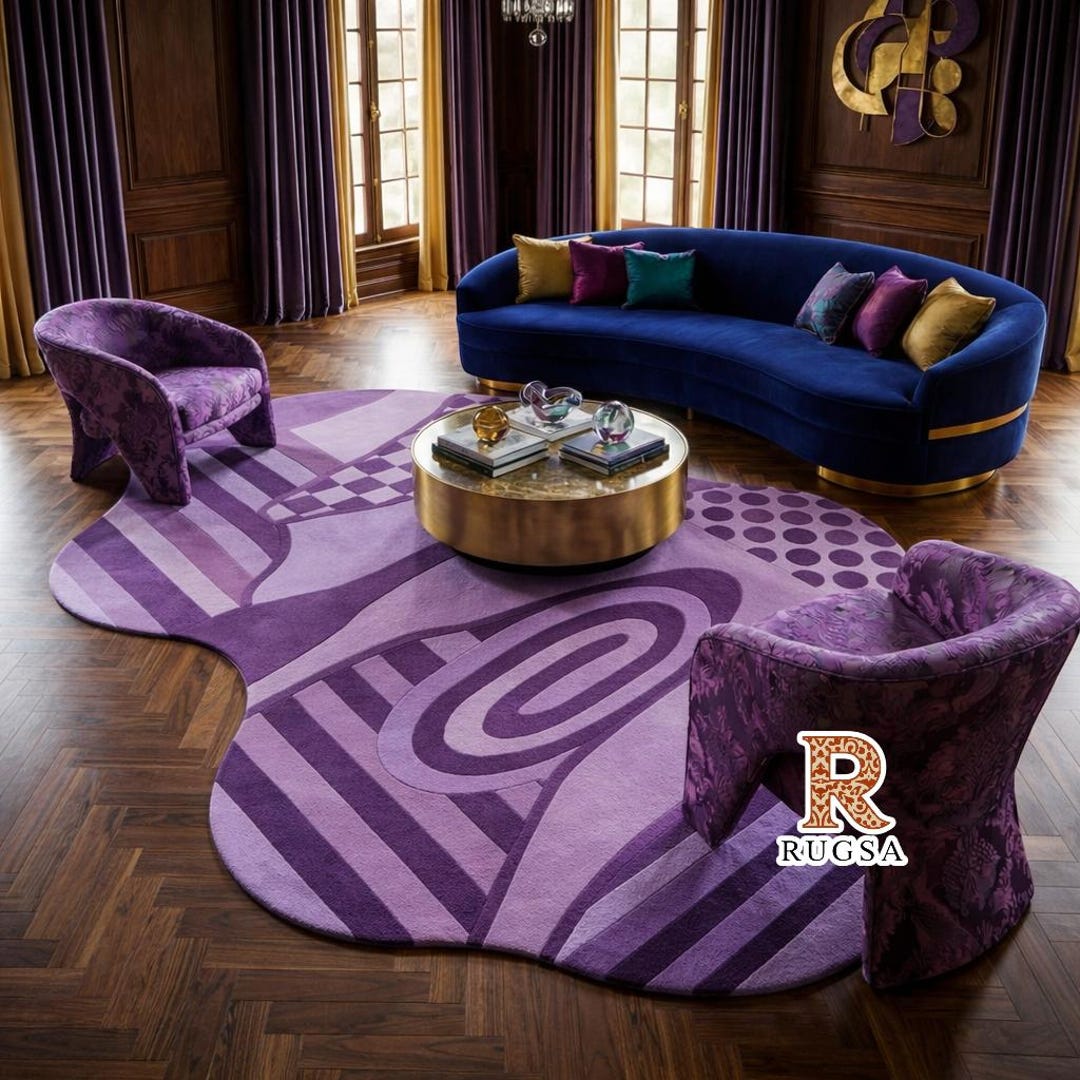 Hand Tufted Wool Rug, Irregular Shape Purple Area Rug, Modern Geometric ...