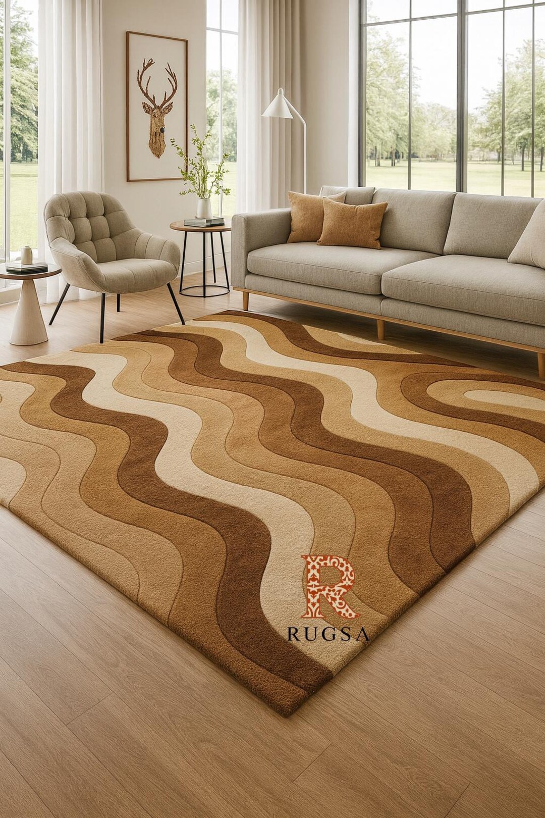 Retro Brown Beige Geometric Rug: Abstract Wave Pattern, Mid-century ...