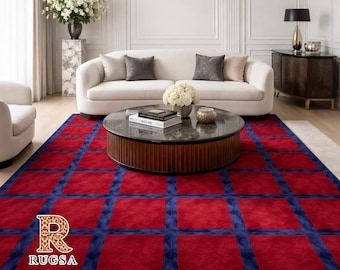 Hand Tufted Wool Rug - Bold Red and Navy Blue Geometric Grid Pattern - Large Area Rug for Living Room, Custom Size & Luxury Minimalist Decor