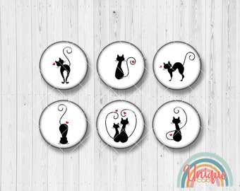 Motif cabochon cat black and white heart love silhouette shadow - cabochon set A0063