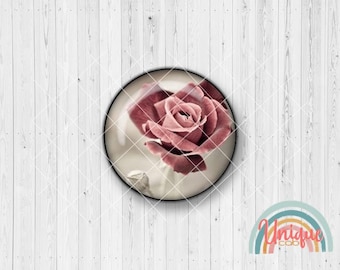 Puede incluir: Una sola rosa rosa con un efecto de filtro vintage, mostrada en una cúpula de vidrio redonda y transparente.