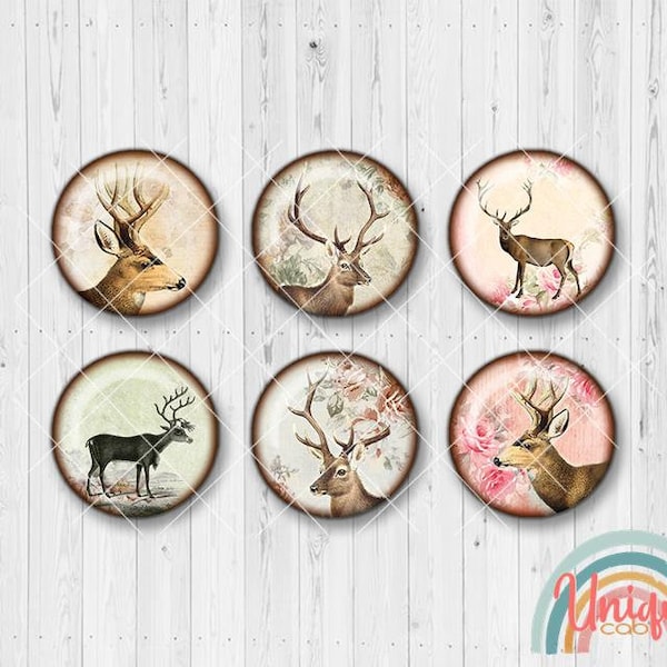 Motivcabochon Hirsch Tier Geweih Waldtiere Blüten Blumen - Cabochon Set A3620