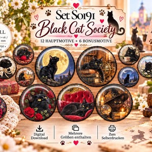Może przedstawiać: Cyfrowy zestaw do pobrania zatytułowany Set So191 Black Cat Society, zawierający 12 głównych i 6 dodatkowych okrągłych obrazów czarnych kotów w różnych sceneriach. Kolekcja obejmuje kocie portrety z różami, księżycami, książkami i kryształami do druku.