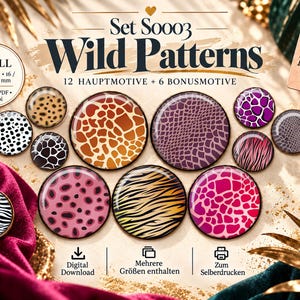 Könnte beinhalten: Ein digitales Download-Set mit dem Titel Wild Patterns, das 12 Hauptmotive und 6 Bonusmotive mit Tiermustern in verschiedenen Größen enthält. Die Sammlung umfasst kreisförmige Grafiken mit Leoparden-, Giraffen-, Zebra- und Tigermustern in leuchtenden Farben.