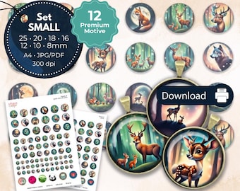 Plantilla de cabujón de collage digital Descargar Animales del bosque Ciervo Lobo 8 10 12 16 18 20 25 mm - Plantilla para imprimir