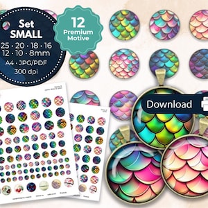 Digital Collage Cabochon Template Download Mermaid Scales 8 10 12 16 18 20 25 mm - Print Template
