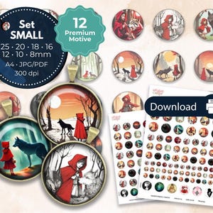 Plantilla de cabujón de collage digital Descargar Caperucita Roja Bosque del Lobo 8 10 12 16 18 20 25 mm - Plantilla para imprimir