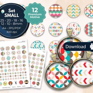 Modèle de cabochon pour collage numérique à télécharger : motif géométrique coloré (8, 10, 12, 16, 18, 20 et 25 mm) - Modèle à imprimer