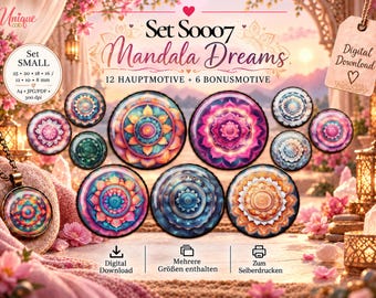 Może przedstawiać: Cyfrowy zestaw do pobrania zatytułowany Set S0007 Mandala Dreams zawierający 12 głównych i 6 dodatkowych okrągłych wzorów mandali w żywych kolorach, w tym różowym, niebieskim, pomarańczowym i fioletowym. Rozmiary od 8 mm do 25 mm.