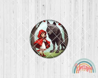 Motif cabochon Petit Chaperon Rouge Loup Forêt Fille - Set de cabochons A4954