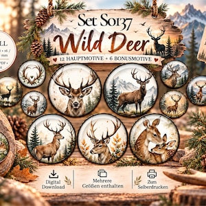 May include: A digital download set titled Set SO137 Wild Deer featuring 12 main motifs and 6 bonus motifs. The collection includes various circular illustrations of deer in forest and mountain landscapes, presented on a wooden background with pine cones.