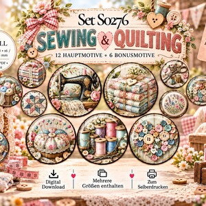 Può includere: Un set per il download digitale intitolato Set So276 Sewing & Quilting con 12 motivi principali e 6 bonus. L'immagine mostra grafiche circolari di macchine da cucire, pile di tessuti, rocchetti di filo, bottoni e puntaspilli con fiori.