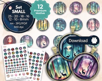 Plantilla de cabujón de collage digital Descarga de animales del bosque de ciervos 8 10 12 16 18 20 25 mm - Plantilla para imprimir
