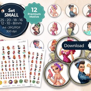 Digital Collage Cabochon Template Download Pinup Woman Strong Sexy Bombshell 8 10 12 16 18 20 25 mm - Print Template