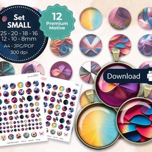 Modèle de cabochon pour collage numérique à télécharger : motif abstrait, formes colorées, fleurs colorées (8, 10, 12, 16, 18, 20, 25 mm) - Modèle à imprimer