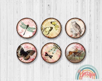 May include: Six round, decorative, paper-like, scrapbook embellishments with a vintage aesthetic. Each embellishment features a different nature-inspired design, including butterflies, dragonflies, a deer, an owl, and floral patterns.