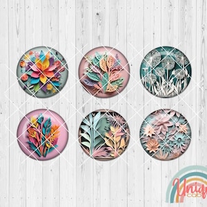 Puede incluir: Seis cabujones redondos, coloridos, de flores de papel con una variedad de diseños florales. Los cabujones están colocados sobre un fondo de madera blanca.