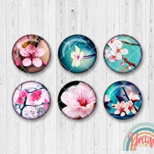 May include: Six round, colorful, glass cabochons with pink cherry blossoms and a turquoise background. The cabochons are arranged in two rows of three. The top row has the text "Spring Love" on one of the cabochons.