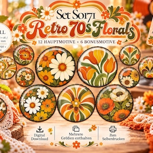 Könnte beinhalten: Ein digitaler Download-Satz mit dem Titel Set SO171 Retro 70s Florals mit 12 Haupt- und 6 Bonusmotiven runder Blumenmotive in Orange, Gelb, Weiß und Grün. Enthält die Größen 25, 20, 18, 16, 12, 10 und 8 mm in A4, JPG und PDF-Formaten.