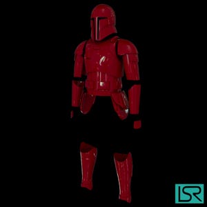 Könnte beinhalten: Eine vollständige rote Mandalorianer-Rüstung, einschließlich Helm, Brust-, Schulter- und Beinpanzerung. Die Rüstung hat eine glänzende Oberfläche und schwarze Akzente. Der Helm hat ein T-förmiges Visier. Das Set ist für Cosplay oder Ausstellungen konzipiert.