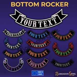 Op de afbeelding: Een set van tien geborduurde patches voor motorjassen. De patches zijn in verschillende kleuren en stijlen, waaronder zwart, rood, oranje, groen, blauw, paars en roze. De patches zijn allemaal gebogen en hebben de tekst "YOUR TEXT" geborduurd. De patches zijn gemaakt in Europa.
