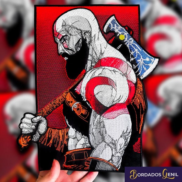 Kratos Viking large back patch on vest, parche vikingo, sew patch, custom patch, embroidery patch, iron patch, viking patch