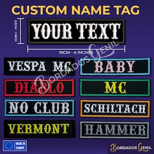May include: A set of 10 black iron-on patches with white text. The patches are 2.5 cm by 10 cm and feature various names, including "Vespa MC", "Diablo", "No Club", "Vermont", "Baby", "MC", "Schiltach", and "Hammer".