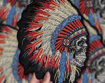 Indian chief warrior skull large back patch on vest, sew patch, custom patch, embroidery patch, iron patch, indian patch, skull patch