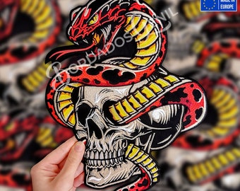 Red Snake Skull Death large back patch on vest, sew patch, custom patch, embroidery iron patch, biker patch