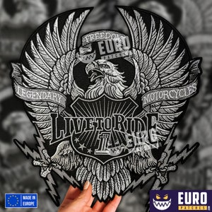 Harley Eagle Legendary black white grey biker large back patch on vest, sew patch, custom patch, embroidery patch, harley patch, eagle patch