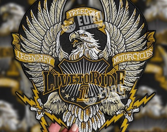 Harley Legendary gold biker large back patch on vest, sew patch, custom patch, embroidery patch, harley patch, eagle patch